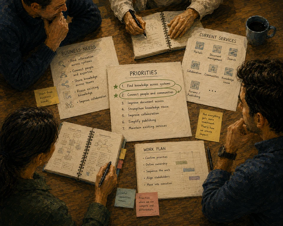Top-down painterly illustration of four colleagues around a wooden table reviewing business needs, current services, priorities, and a work plan.